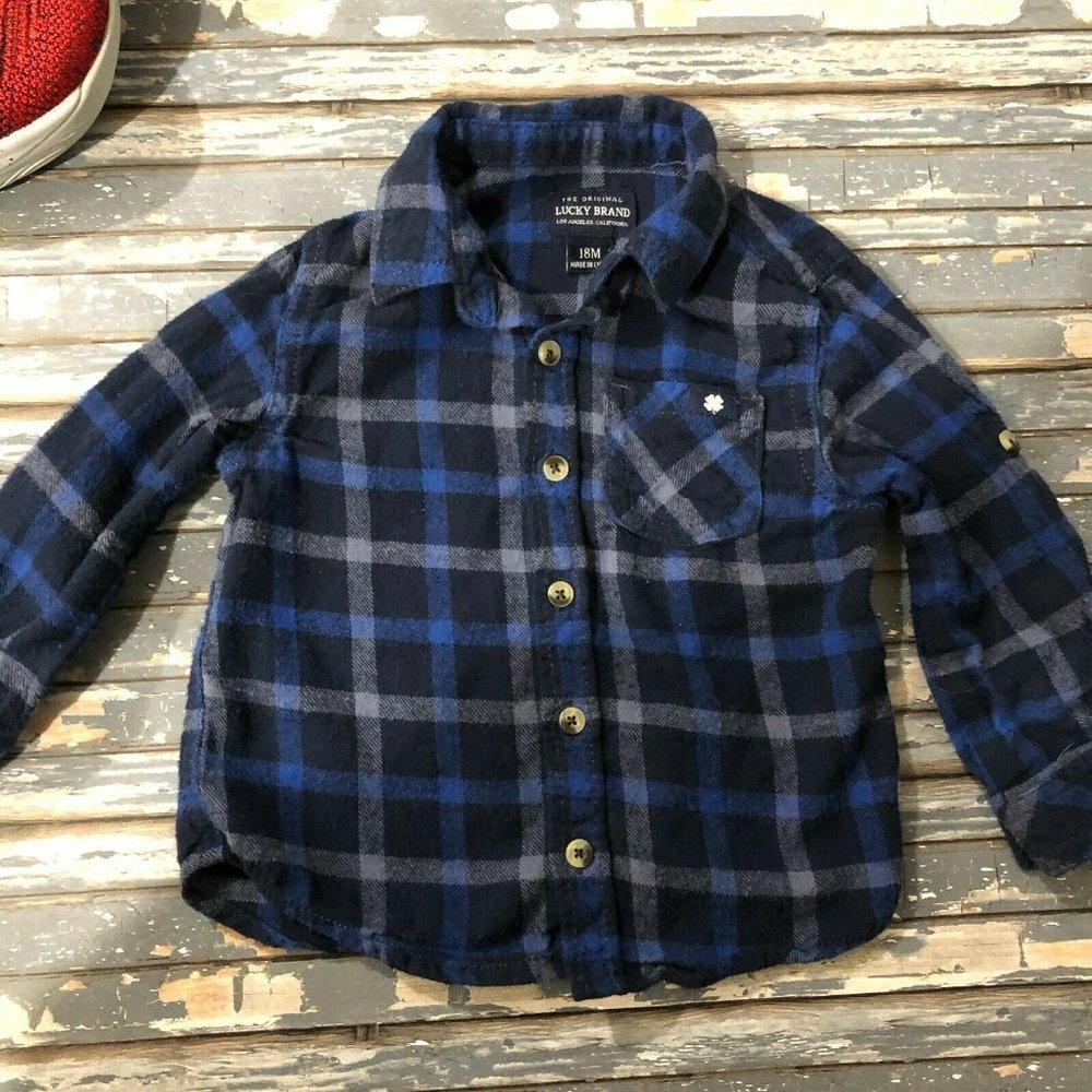 LUCKY BRAND BABY BOYS BLUE PLAID BUTTON DOWN SIZE 18M